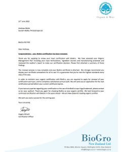 BioGro New Zealand Certificate of Compliance