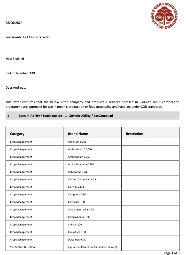 ustain-Ability TA EcoGrape Ltd CO1 COR Letter