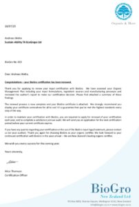 BioGro New Zealand Certificate of Compliance