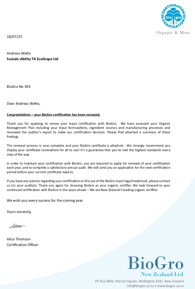 BioGro New Zealand Certificate of Compliance
