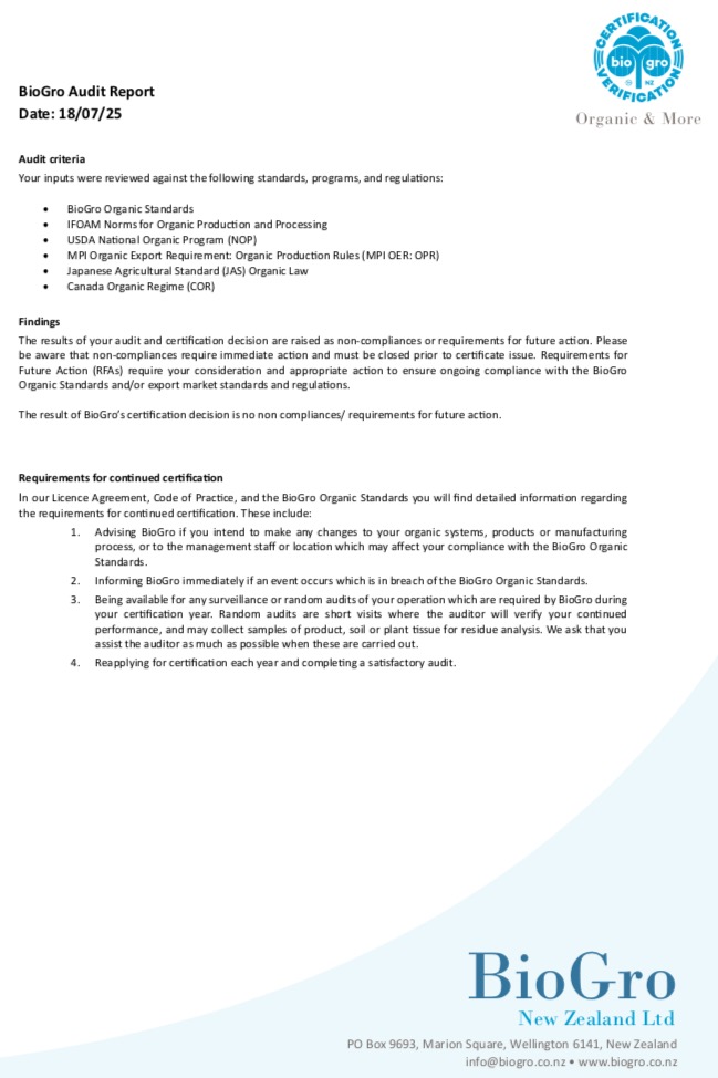 BioGro New Zealand Certificate of Compliance
