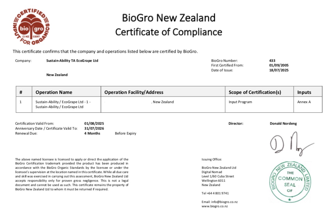 BioGro New Zealand Certificate of Compliance

